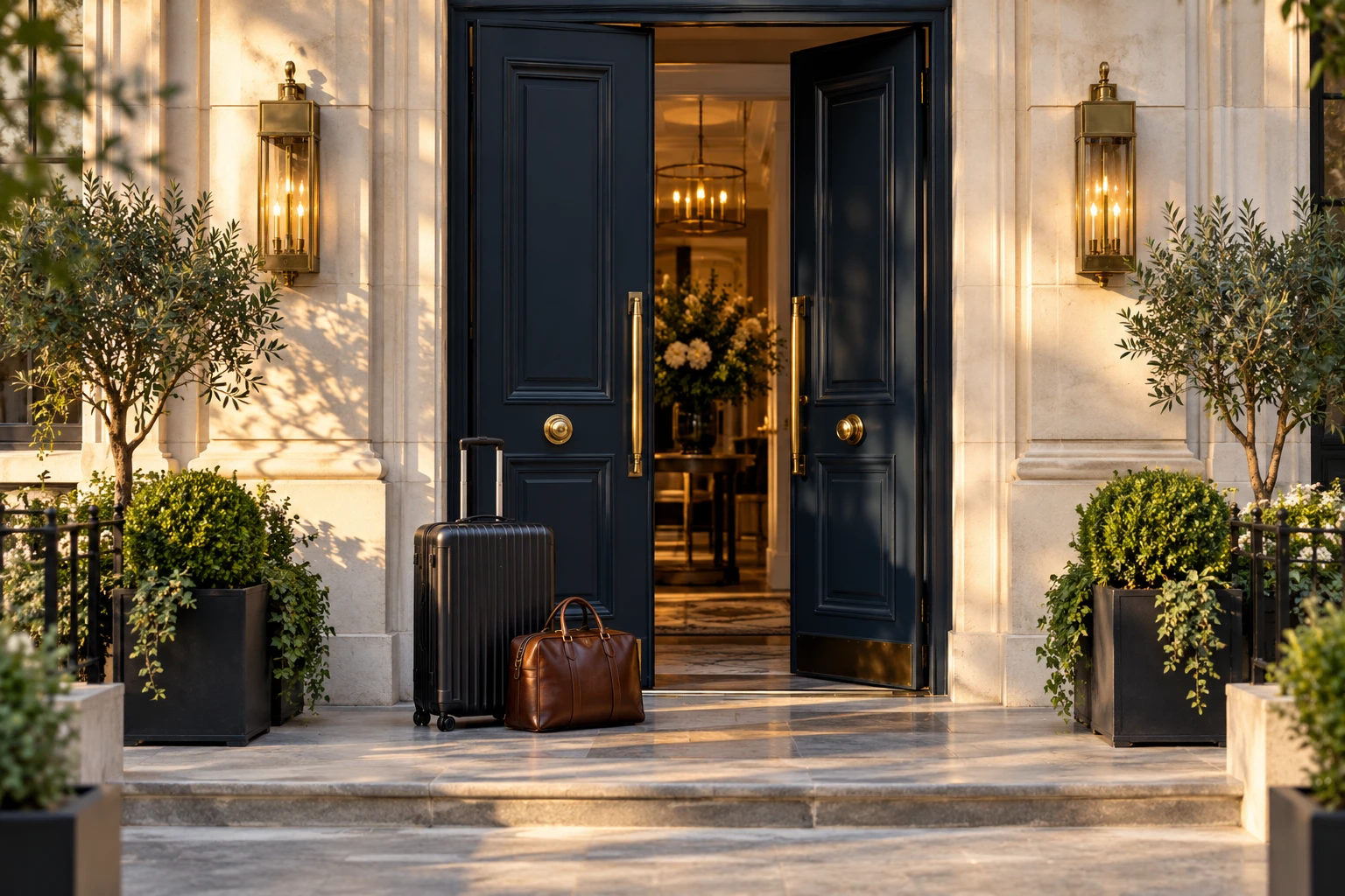 Travel luggage at an elegant city hotel entrance