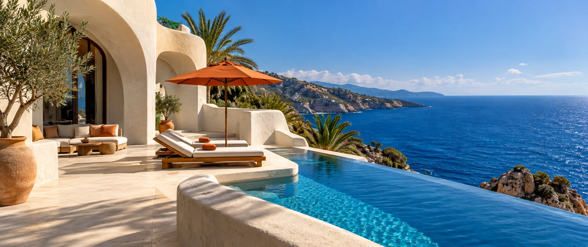 A sunlit coastal accommodation terrace overlooking the sea