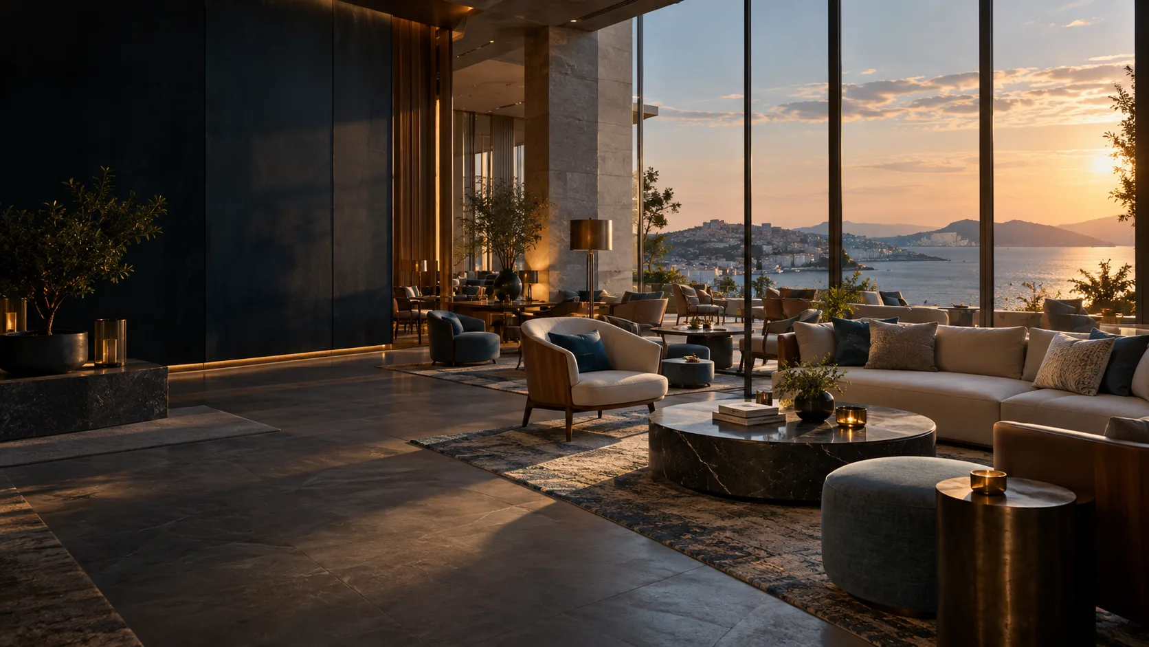 A spacious hotel lounge overlooking the water at sunset